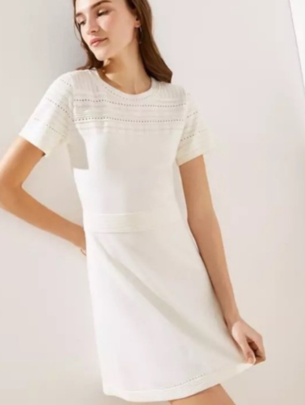 LOFT Textured Yolk Flare Sweater Dress In Cream Size Large